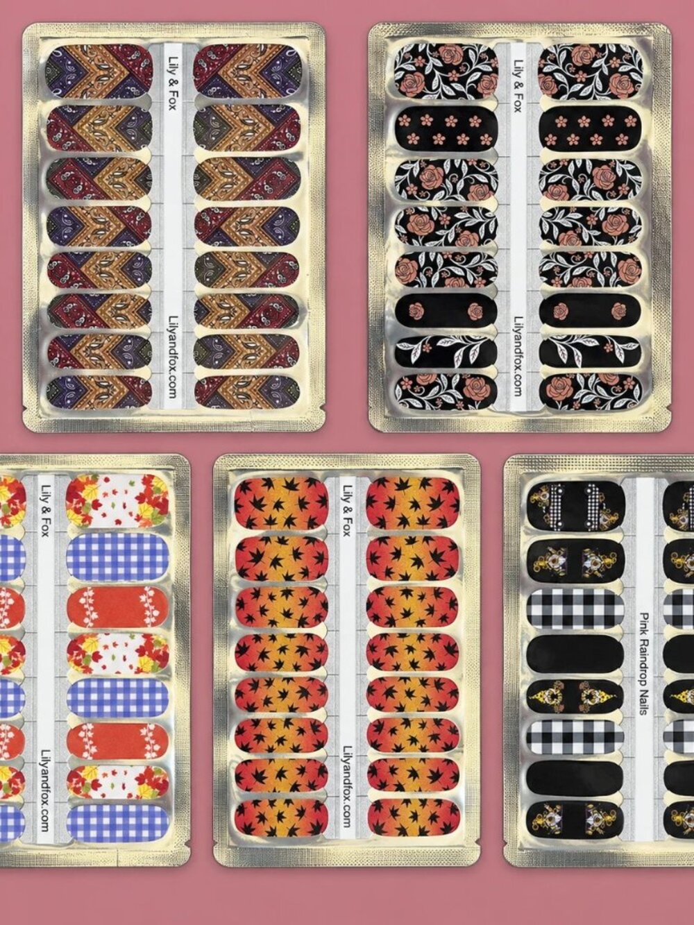 Fall Harvest Nail Wrap Strip Set of 5 Lilly & Fox Pink Raindrop